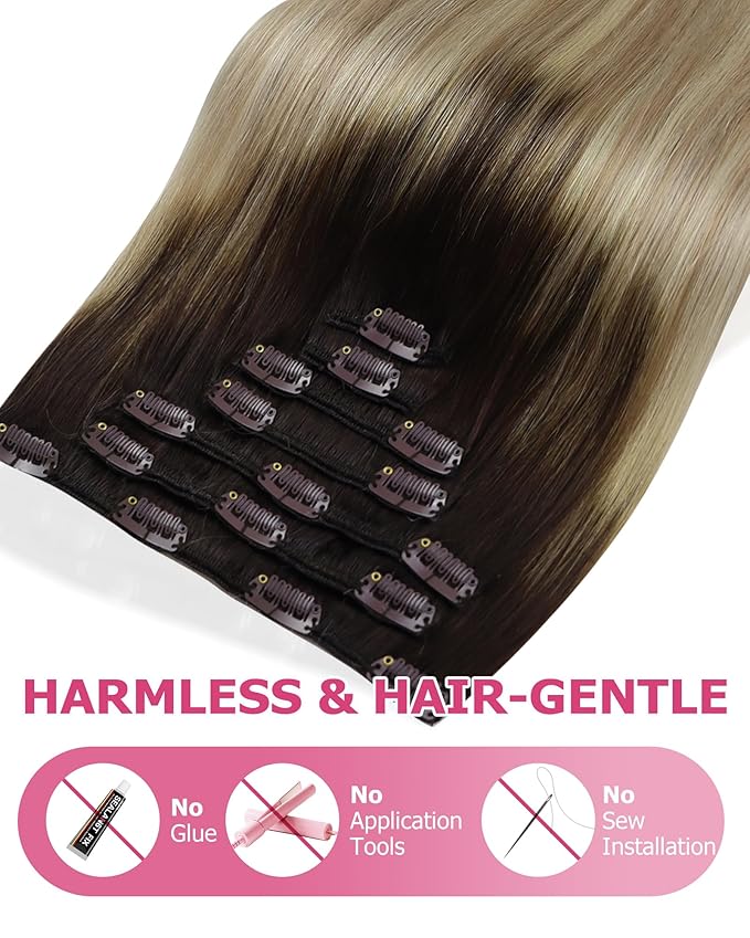 YoungSee 135G Clip in Hair Extensions Human Hair Ombre Blonde Clip on Hair Extensions Ombre Medium Brown to Golden Blonde with Platinum Blonde Human Hair Clip in Extensions 16Inch 7Pcs
