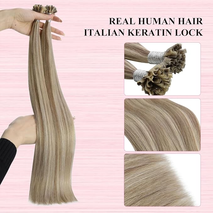 YoungSee Highlight U Tip Human Hair Extensions Light Brown Highlight Blonde Utip Extension Human Hair Silky Straight Pre Bonded K Tip Hair Extensions Add Volume Ktip Real Hair Extension 50s 50g 18in