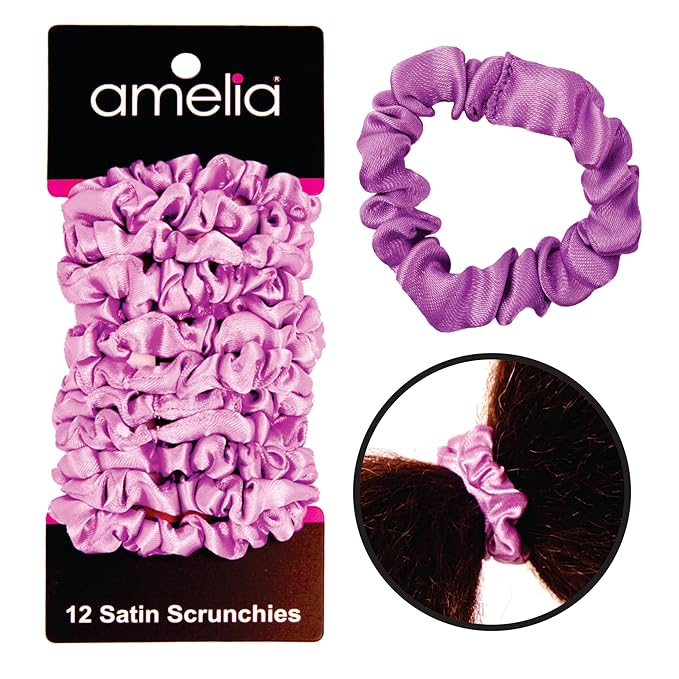 Amelia Beauty, Lavender Satin Small Scrunchies, 12-Pack – No Damage Hair Ties for Women, Gentle & Durable Hair Accessories, 2.5in x 0.5in