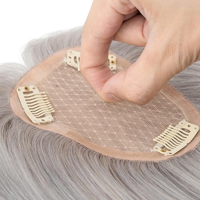 Hairro Human Hair Toppers Free Parted, 3.5x4.7" Base Hand-wovened 100% Real Hairpieces, with Invisible Clips-in for Women, for High Hairline/Adding Volume on Top, 16 Inch Grey