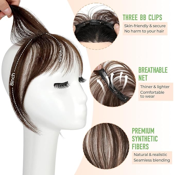Bangs Hair Clip in Bangs 360°3D Cover Hair Topper Synthetic HairPieces for Women Medium Brown Wispy Fake Bangs Toppers for Daily Wear