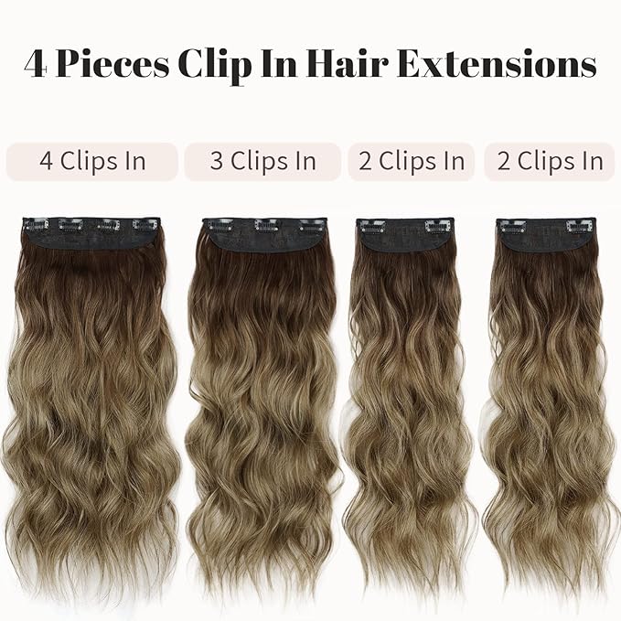 KooKaStyle Clip in Long Wavy Synthetic Hair Extension 20 Inch 4PCS Ombre Brown to Ash Blonde Hairpieces Fiber Thick Double Weft Hair Extension for Women