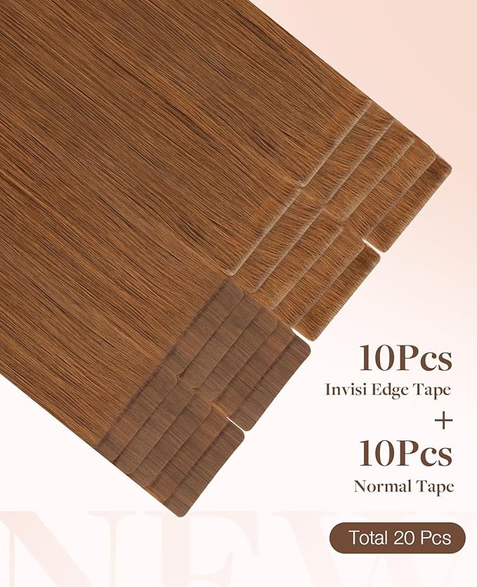 GOO GOO Invisi Edge Tape in Hair Extensions Human Hair, 350 Copper 10pcs injected with 10pcs classical tape ins, 18inch 50g, Virgin Remy Hair, Natural Look