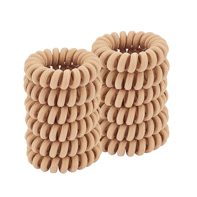 Spiral Cloth Hair Ties (Beige, 12 Pcs) - Coil Ponytail Holders for Thick, All Hair Types, No Crease Phone Cord Design