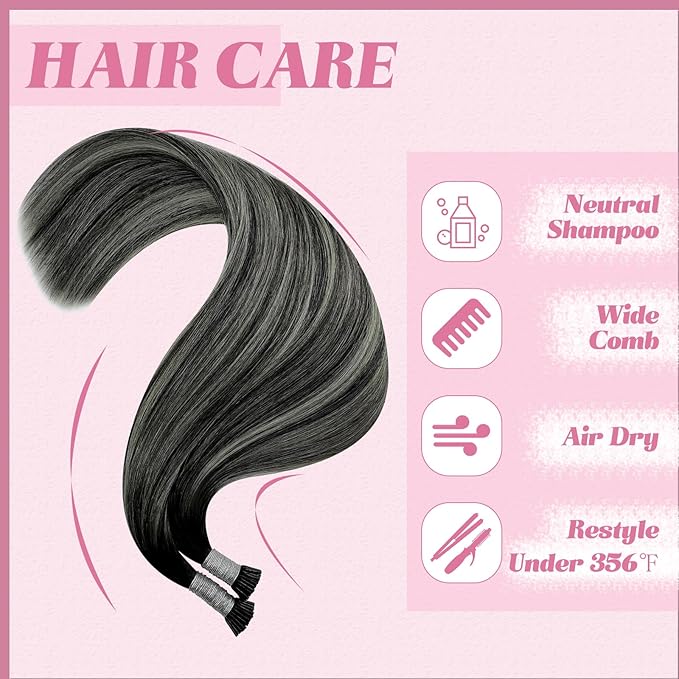YoungSee Itip Human Hair Extensions Ombre Black 22 Inch I Tip Extensions Silver with Black Balayage Itip Extension Human Hair Pre Bonded Hair Extension Itips Hair Extension Long Hair 50s 50g