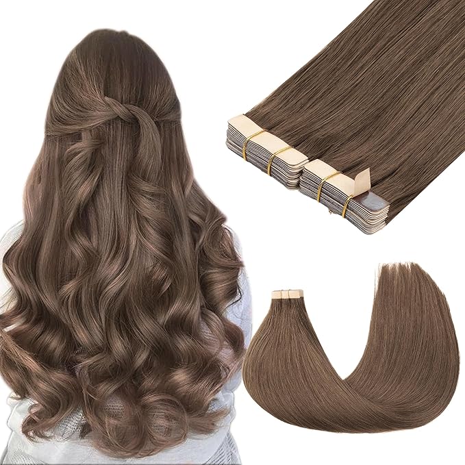 GOO GOO Tape in Hair Extensions Human Hair, 5 Light Ash Brown, 22inch 100g 40pcs, Skin Weft Seamless Invisible, Silky Straight with Thick Ends, Remy Human Hair