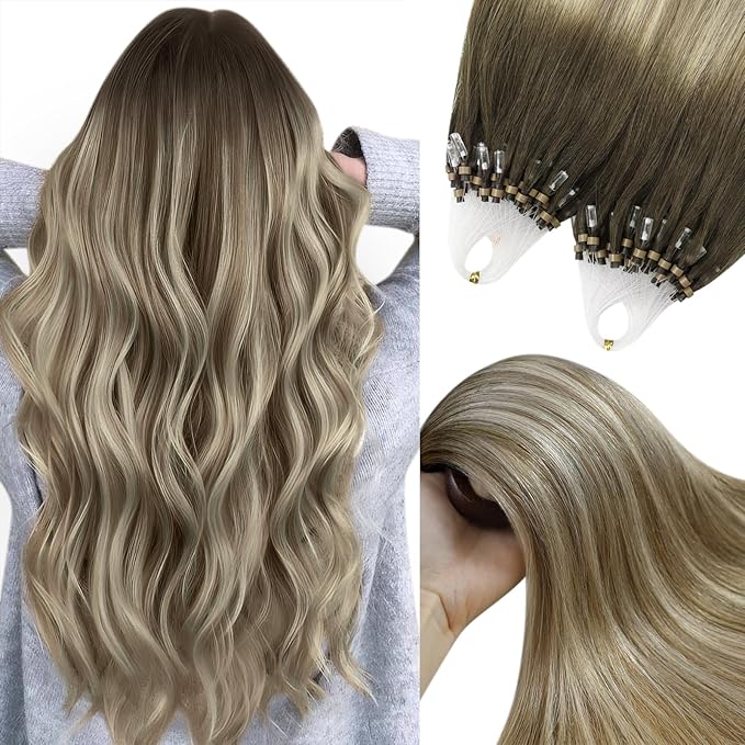 YoungSee Micro Loop Hair Extensions Real Human Hair Balayage Microlink Hair Extensions Human Hair Brown Balayage Blonde Microbead Hair Extension 16Inch Ombre Bead Hair Extension 50s/50g