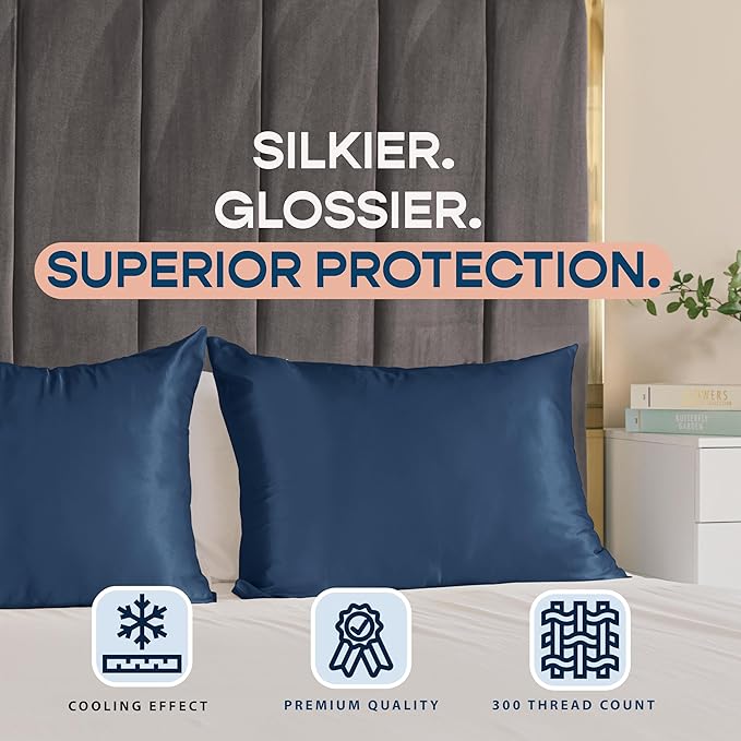 BLISSFORD Satin Pillowcase with Zipper, for Hair and Skin Care, Feels Soft and Cool Like a Silk Pillowcase, Satin Pillow Cases 2 Pack, Slik Pillow Cover, Navy - King Size, Set of 2