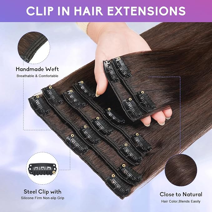 Dark Brown Clip in Hair Extensions Real Human Hair Invisible Seamless Remy Human Hair Clip in Extensions for Women 26 Inch 130g, 8pcs Per Set with Double Weft