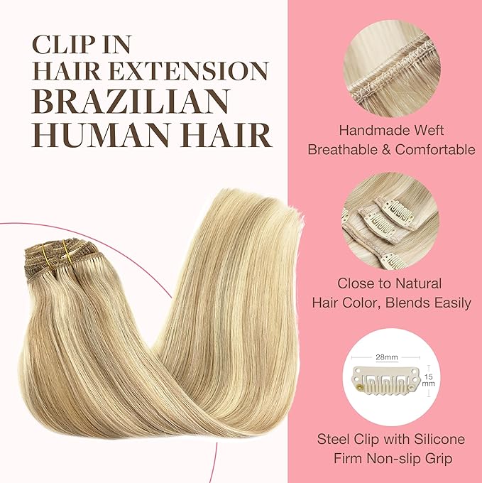 GOO GOO Clip in Hair Extensions Real Human Hair, Remy Human Hair Extensions Clip ins for Women, Natural Human Hair, 22inch 170g 7Pcs, #18A/613A Dark Blonde Highlighted Bleach Blonde