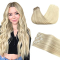 GOO GOO Clip in Hair Extensions Real Human Hair, Remy Human Hair Extensions Clip ins for Women, Natural Human Hair, 14inch 130g 9Pcs, 17/22/60 Balayage Ash Blonde to Golden Blonde and Platinum Blonde