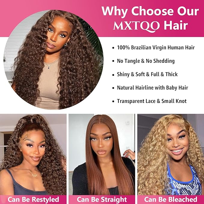 Deep Wave Lace Front Wigs Human Hair Chocolate Brown 13x6 HD Lace Front Wigs Pre Plucked Deep Curly Wigs Wet and Wavy Human Hair Frontal Wigs with Baby Hair 200% Density (32 Inch)