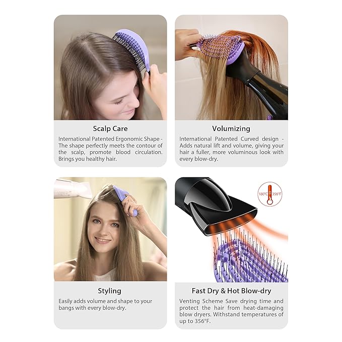 NuWay 4HAIR DoubleC U.S. Patented Double Curved Detangling Brush is Hair Dryer Safe (Violet)