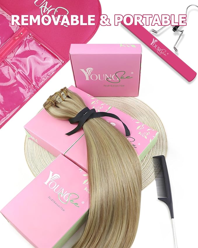 YoungSee 135G Clip in Hair Extensions Light Blonde Clip in Hair Extensions Real Human Hair Highlighted Light Blonde with Golden Blond Real Hair Extension Clip ins Human Hair 18Inch 7Pcs