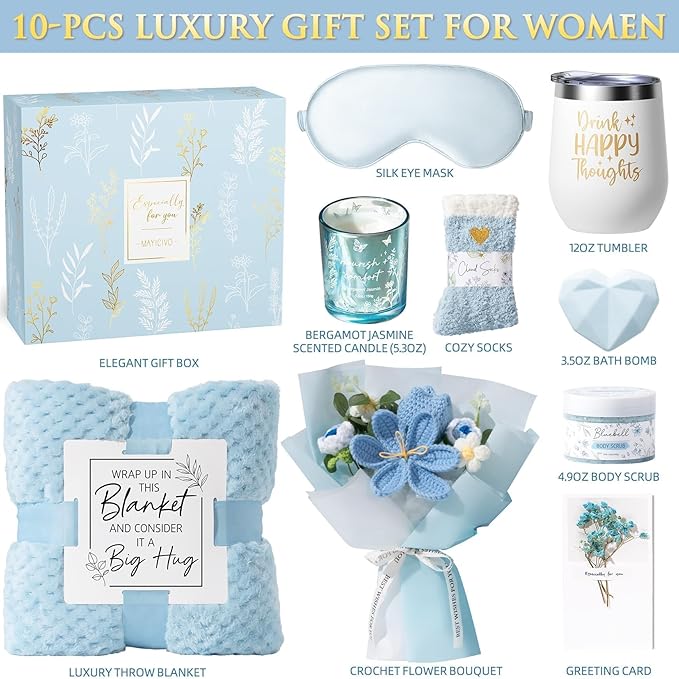 Birthday Gifts for Women Self Care Package Get Well Soon Gift Baskets, Thinking of You Sympathy Spa Gift Set w/ Crochet Flower Bouquet, Unique Christmas Gifts for Women Mom Her Best Friend Sister Wife
