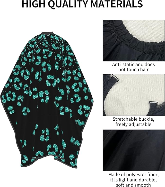 Hairdresser Cape Turquoise Green Glitter Cheetah Leopard Print Black Hair Cutting Gown, Large Long Haircut Apron for Hair Cutting Styling, Haircut Tools