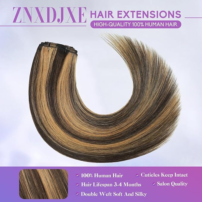 Clip in Hair Extensions Real Human Hair, 14 Inch 75g, 2/6 Dark Brown to Chestnut Brown, Invisible Seamless Remy Human Hair Clip in Extensions for Women 8pcs Per Set with Double Weft