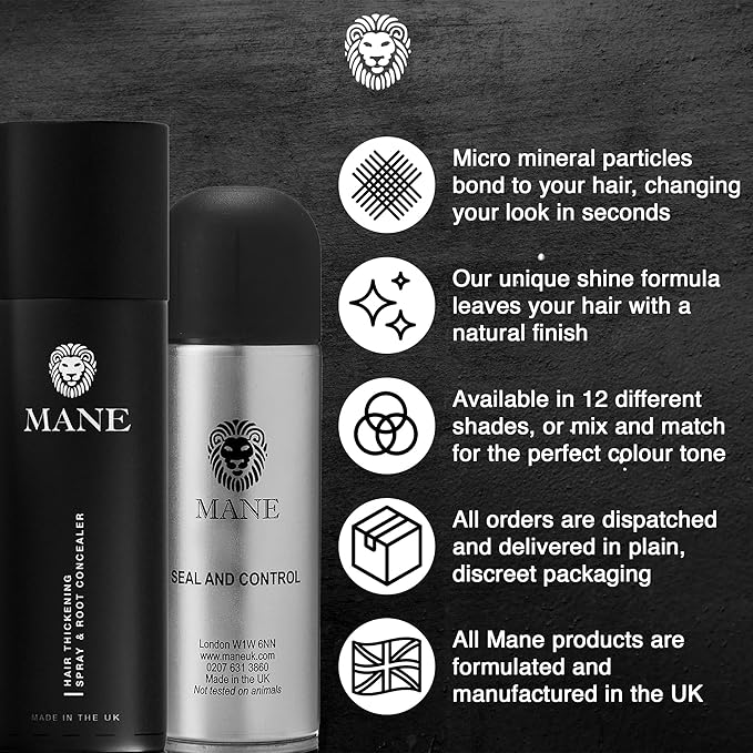 Mane Hair Thickening Spray & Root Touch Up, Seal & Control Combo Pack, Instantly Thicker Hair for Men & Women, Fill in Hairlines and Hide Thinning and Fine Patches - Dark Brown, 12 Colors (6.76 oz)