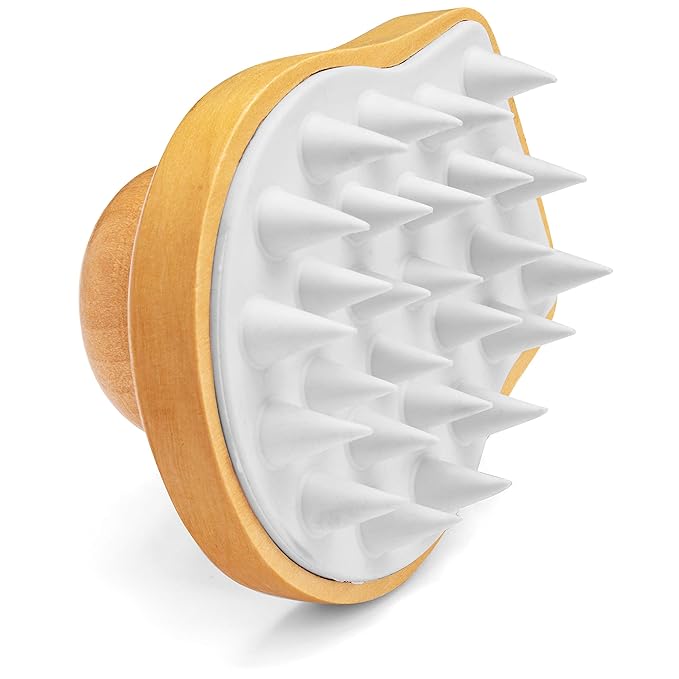 GranNaturals Wooden Shampoo Scrubber Brush - Shower Scalp Massager for Men & Women - Head Exfoliator with Silicone Bristles - Helps Promote Healthy Blood Flow, Dandruff Removal