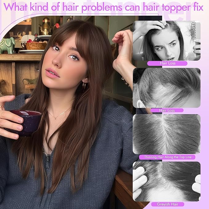 Hair Topper for Women Clip in Bangs – 18 Inch Medium Length Straight 360° Full Coverage Balayage Dark Brown to Chestnut,Synthetic Natural Looking Piece for Thinning Hair