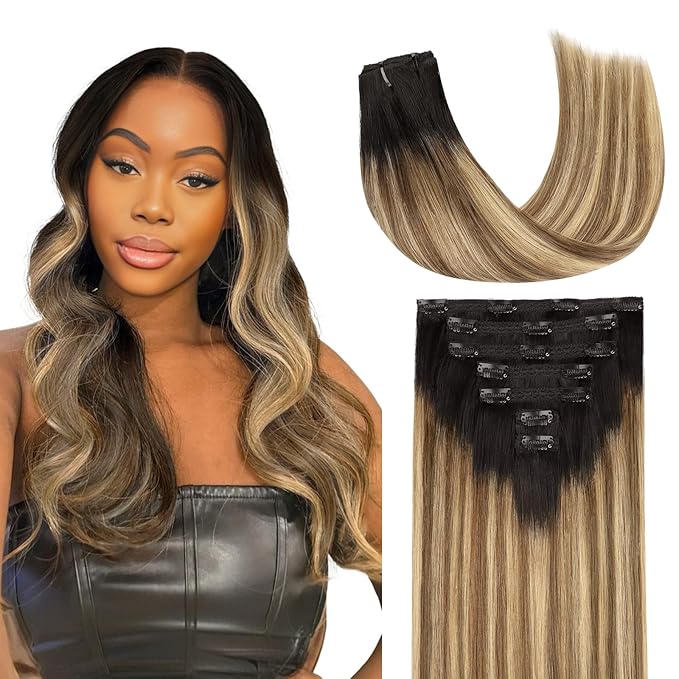 Lashey Clip in Hair Extensions Human Hair Straight 120g 7pcs Classic Clip in Hair Extensions Balayage Ash Brown to Honey Blonde with Dark Root 14 Inch Soft Hair for Women