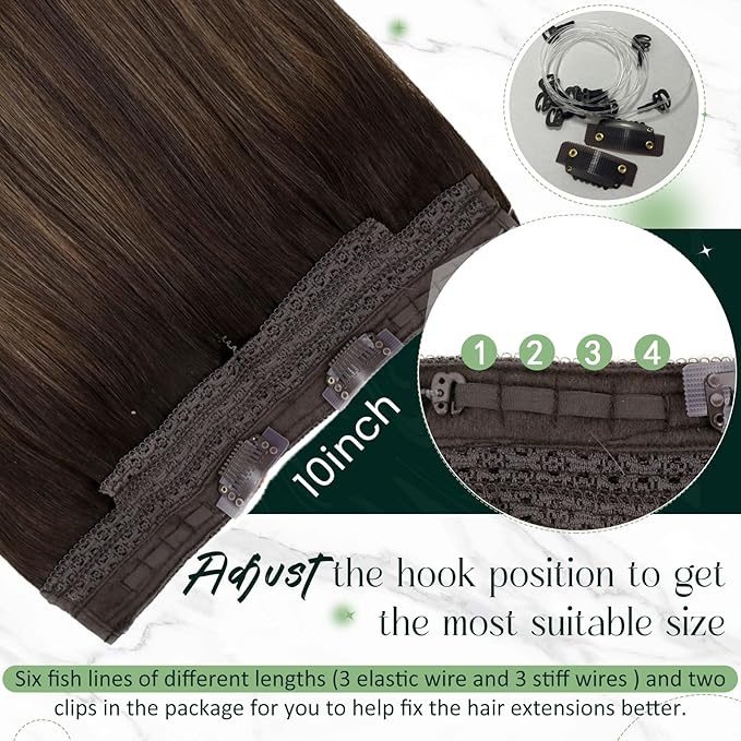 RUNATURE Wire Human Hair Extensions Balayage, Invisible Hair Extensions with Fish Line, Double Weft One Piece Clip in Real Hair, Full Ends Natural Hair, Easy to Apply, 16 Inch 80g #2/2/6