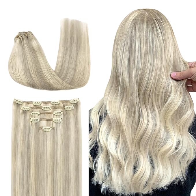 DOORES Hair Extensions Clip in Human Hair, 5pcs 80g Ash Blonde Highlighted Platinum Blonde 20 Inch, Remy Human Hair Clip in Extensions Straight Weft Clip ins for Women