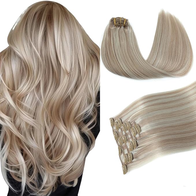 PINKPEARL Clip in Hair Extensions #18P1000 Ash Blonde Highlighted Gray Blonde 7pcs 18 Inch 120g Real Remy Hair Extensions Clip in Human Hair(#18P1000-18)