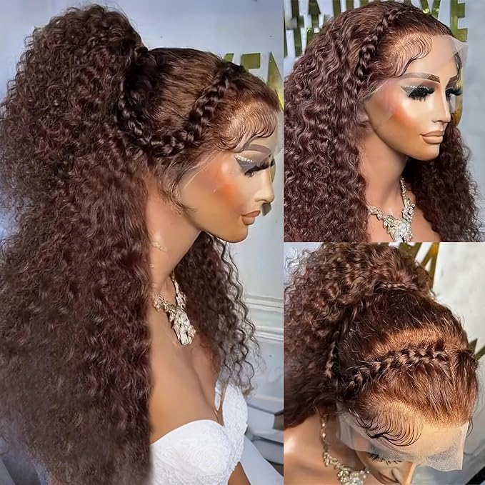 250% Density Curly Human Hair wig 13x6 Auburn Brown Mongolian Deep Transparent Lace Front Wigs for Women With Baby Hair Chocolate Curly Lace Front Wig 24 Inch