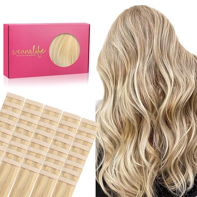 WENNALIFE Tape in Hair Extensions Human Hair, 40pcs 80g 12 inch Light Blonde Highlighted Golden Blonde Hair Extensions Real Human Hair Straight Tape in Extensions Invisible Human Hair Extensions