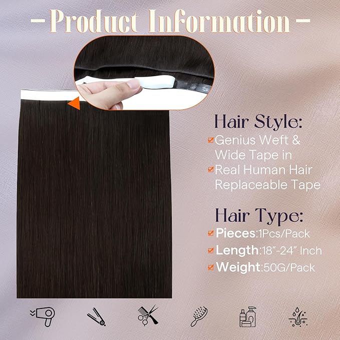 Full Shine Tape in Hair Extensions Human Hair Color 2 Dark Brown Wide Double Sided Tape Long Weft Remy Human Hair Tape in Extensions Genius Weft Hair Extensions 22Inch 50G One Piece for Thinning Hair