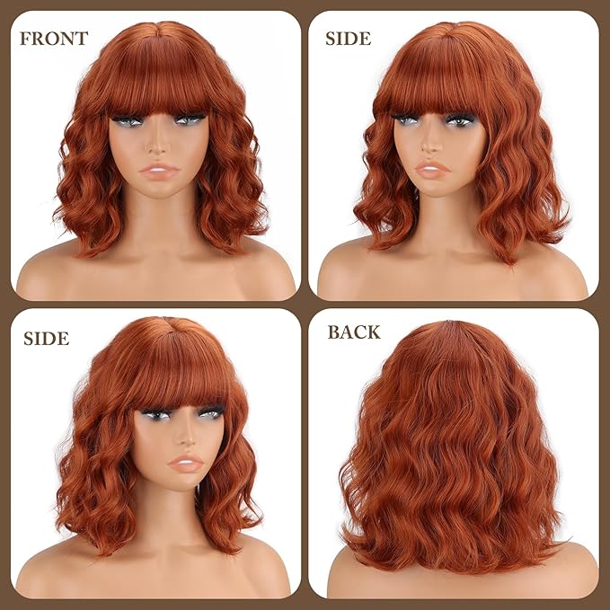 MISSQUEEN Orange Wavy Wigs With Bangs Curly Short Bob Wigs for Women for Heat Resistant Fiber Synthetic Colorful Wig for Daily Party Cosplay Chrismas Halloween Used