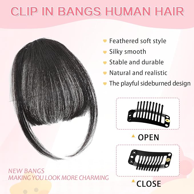Clip in Bangs 100% Real Human Hair, Wispy Bangs Hair Clip, Fake Bang Fringe with Temples Hairpieces for Women Daily Wear (Black, Wispy Bangs)