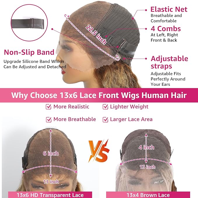 Ombre Highlight Lace Front Wig Human Hair 200 Density Deep Wave 13x6 HD Lace Front Wigs Human Hair P4/27 Honey Blonde Curly Wig for Women Pre Plucked with Natural Hairline (28 Inch)