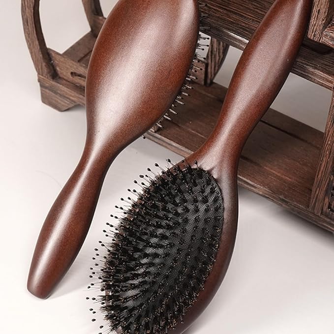 Lindale Boar Bristle Hair Brush for Women Men, Natural Black Zelkova Wooden Bristles Detangler Paddle Hairbrush for Hair Growth Beard, Reduces Static for Curly Hair with Ergonomic Handle