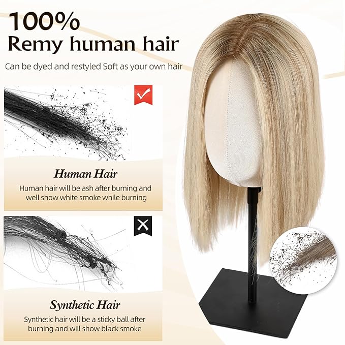 MONO TOP Hair Toppers for Women Human Hair 12 Inch 7"×8" Big Base Partial wig Cover Thinning Hair or Loss No Bangs Top Hair Pieces Natural Wiglets (Blonde Mixed)
