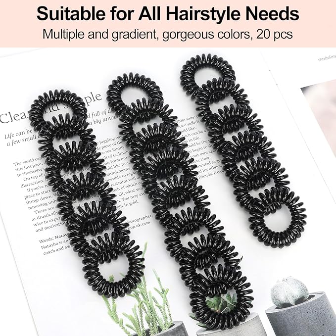 JessLab Spiral Hair Ties, 20 Pcs Traceless Phone Cord Hair Ties No Crease Spiral Bracelet Plastic Coil Ponytail Holders No-Damage Headband Hair Accessory for Girls Women Ladies Gift, Black