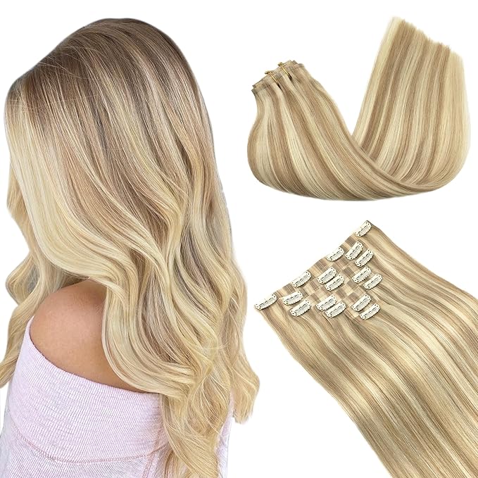 GOO GOO Clip in Hair Extensions Real Human Hair, Remy Human Hair Extensions Clip ins for Women, Natural Human Hair, 20inch 150g 7Pcs, 18A/613A Dark Blonde Highlighted Bleach Blonde