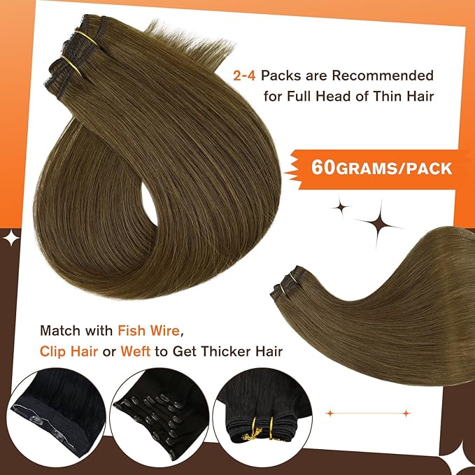 Full Shine Seamless Hair Extensions Clip in Medium Brown Human Hair 20 Inch Silky Brown Clip in Hair Extensions for Women Real Hair 3 Pcs 60 Gram