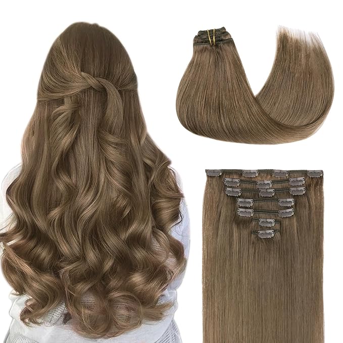 GOO GOO Clip in Hair Extensions Real Human Hair, Remy Human Hair Extensions Clip ins for Women, Natural Human Hair, 20inch 120g 7Pcs, 5 Light Ash Brown