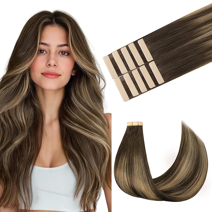 GOO GOO Tape in Hair Extensions Human Hair, 4/27/4 Balayage Chocolate Brown to Caramel Blonde, 20inch 30g 10pcs, Skin Weft Seamless Invisible, Silky Straight with Thick Ends, Remy Human Hair