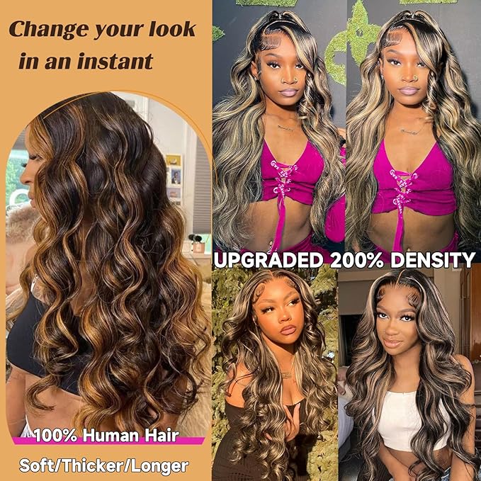 30 Inch Balayage 13x6 Ombre Lace Front Wig Human Hair Colored 1b/27 Honey Blonde Highlight Body Wave Lace Front Wigs Human Hair 200 Density HD Lace Frontal Wigs Pre Plucked Glueless Wigs for Women