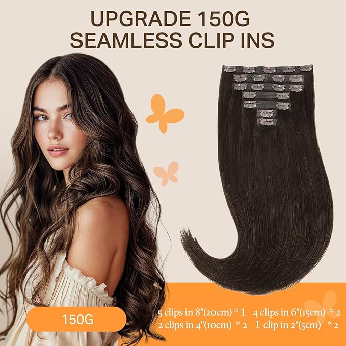 DOORES Seamless Clip in Hair Extensions Real Human Hair, Light Dark Brown 150g 7pcs 22 Inch Virgin Clip in Hair Extensions, Invisible Edge Clip in Hair Extensions, Straight Natural Hair