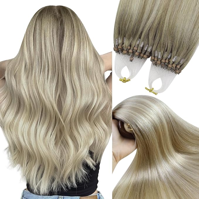 YoungSee Micro Bead Hair Extensions Real Human Hair Blonde Ombre Micro Ring Hair Extensions Human Hair Blonde to Platinum Blond Bead Hair Extension Human Hair Balayage for Wedding 20In 50s/50g