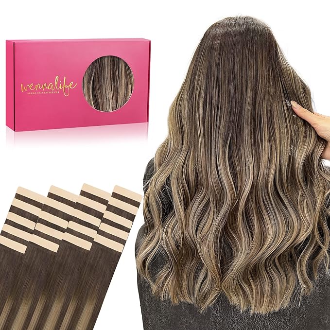 WENNALIFE Tape in Hair Extensions Human Hair, 20pcs 60g 26 inch Balayage Chocolate Brown to Honey Blonde Remy Hair Extensions Straight Human Hair Tape in Extensions Skin Weft Tape Extensions