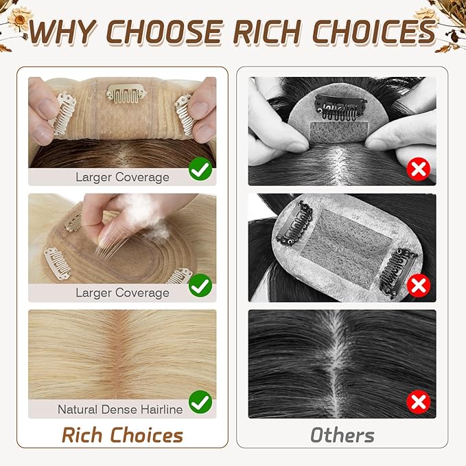 Rich Choices Real Human Hair Topper With Bang for Women - 100% Remy Hair for Thinning Hair, Clip in Silk Base, 10 Inch #613 Bleach Blonde