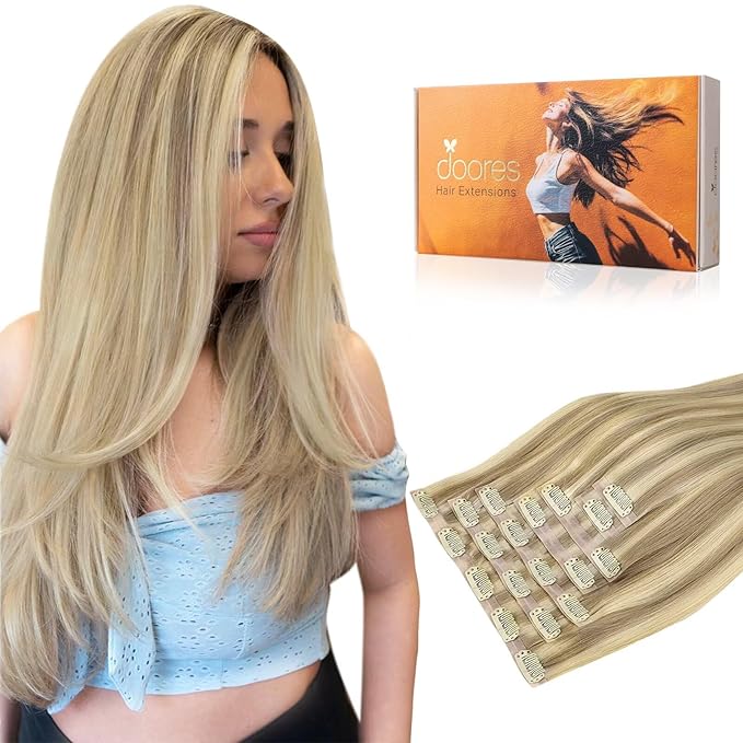 DOORES Real Human Hair Extensions, Light Blonde Highlighted Golden Blonde 14 Inch 110g 7pcs, Seamless Clip in Remy Straight Hair Invisi Edge Extensions