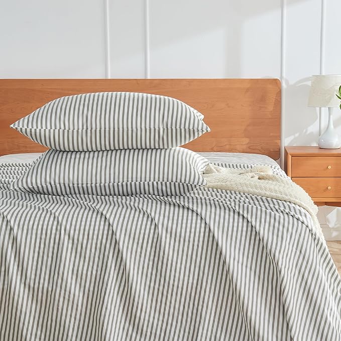 JELLYMONI 100% Natural Cotton Striped Standard Pillowcases Set, 2 Pack White and Grey Vertical Stripes Pattern Printed Pillow Covers with Envelope Closure(Pillows are not Included)