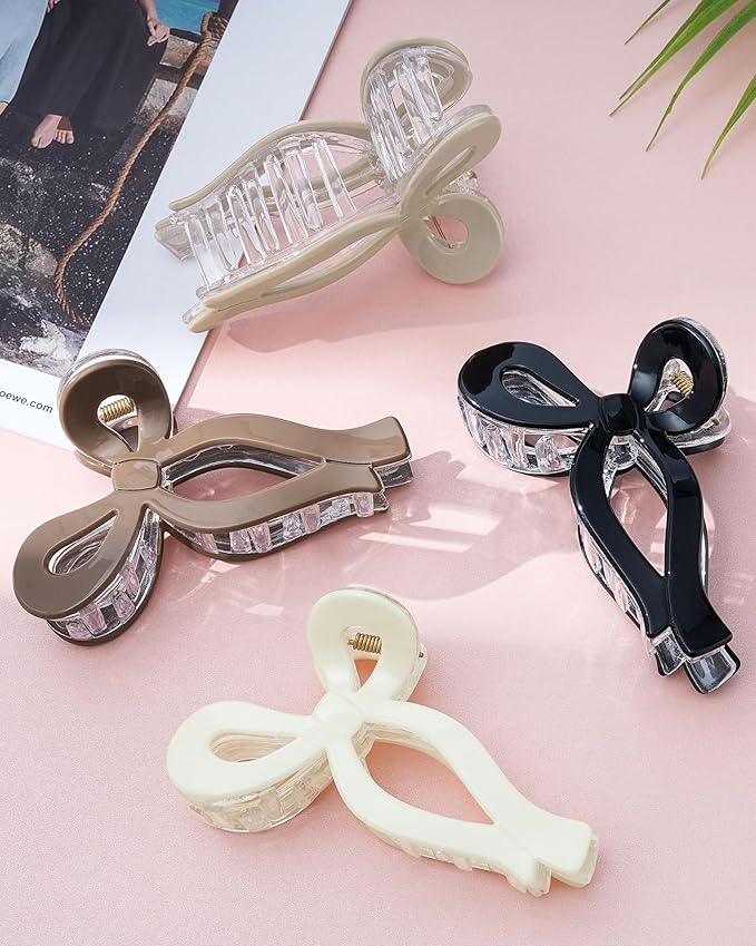 Mesovor 4 Pack Elegant Bow Hair Claw Clips, Nonslip 4.3" Large Hair Grip Hairclips for Thin and Thick | Acrylic Hair Strong Hold Hair Jaw Clamps (Neutral)