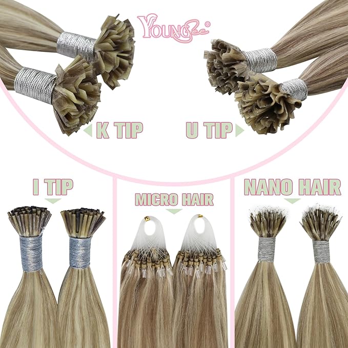 YoungSee K Tip Hair Extensions Human Hair Light Brown Pre Bonded K Tip Real Hair Extensions Light Brown Highlights Blonde Utip Natural Human Hair Highlight 14in Hot Fusion Hair Extensions 50s/50g